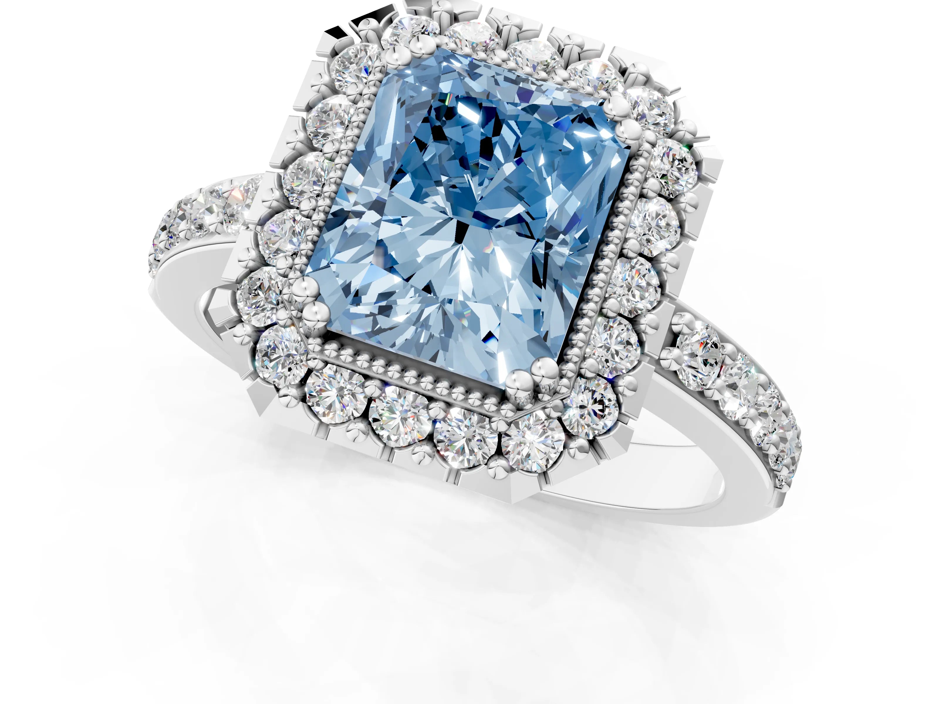 White gold Fancy Blue Radiant Cut Diamond Halo Ring with Pavé Band and Prong Setting_13