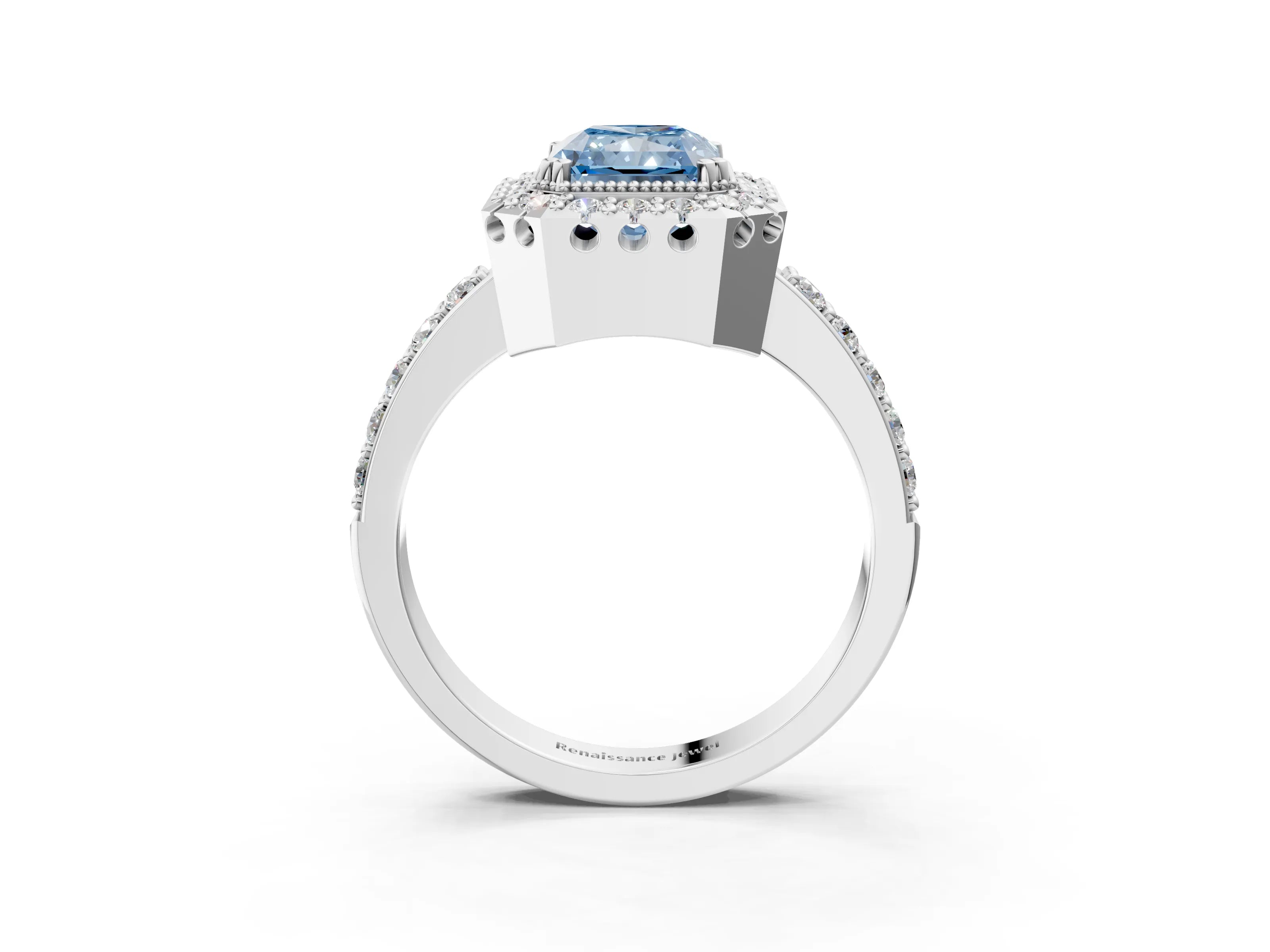 White gold Fancy Blue Radiant Cut Diamond Halo Ring with Pavé Band and Prong Setting_15