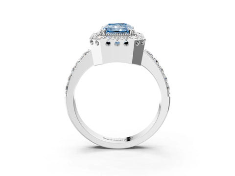 White gold Fancy Blue Radiant Cut Diamond Halo Ring with Pavé Band and Prong Setting_15