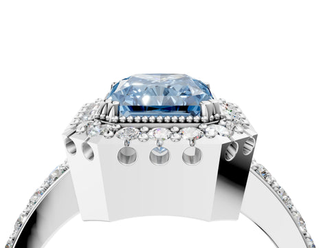White gold Fancy Blue Radiant Cut Diamond Halo Ring with Pavé Band and Prong Setting_16
