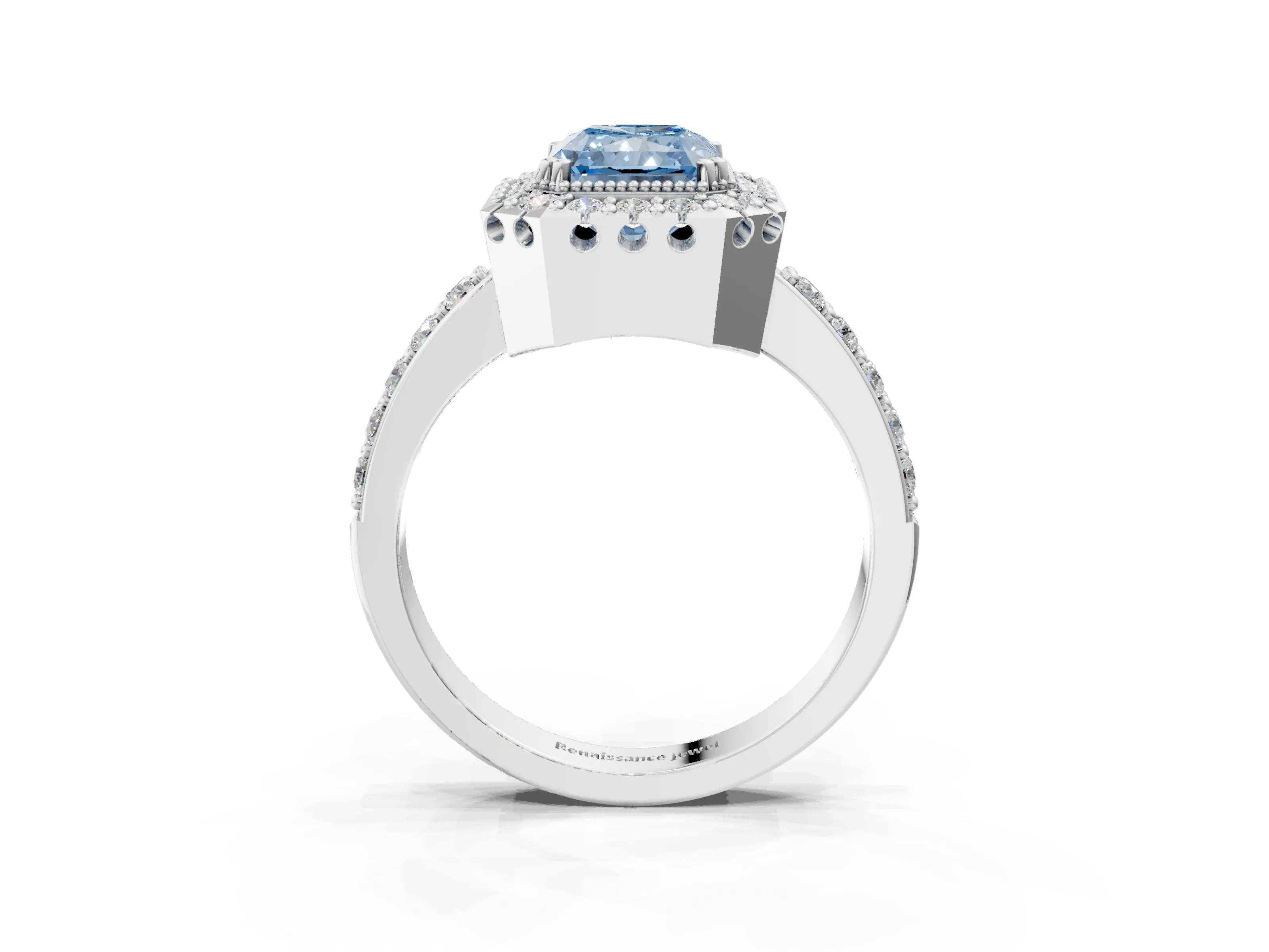 White gold Fancy Blue Radiant Cut Diamond Halo Ring with Pavé Band and Prong Setting_3