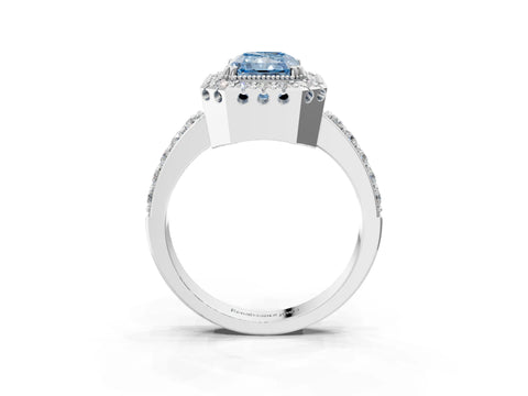 White gold Fancy Blue Radiant Cut Diamond Halo Ring with Pavé Band and Prong Setting_3