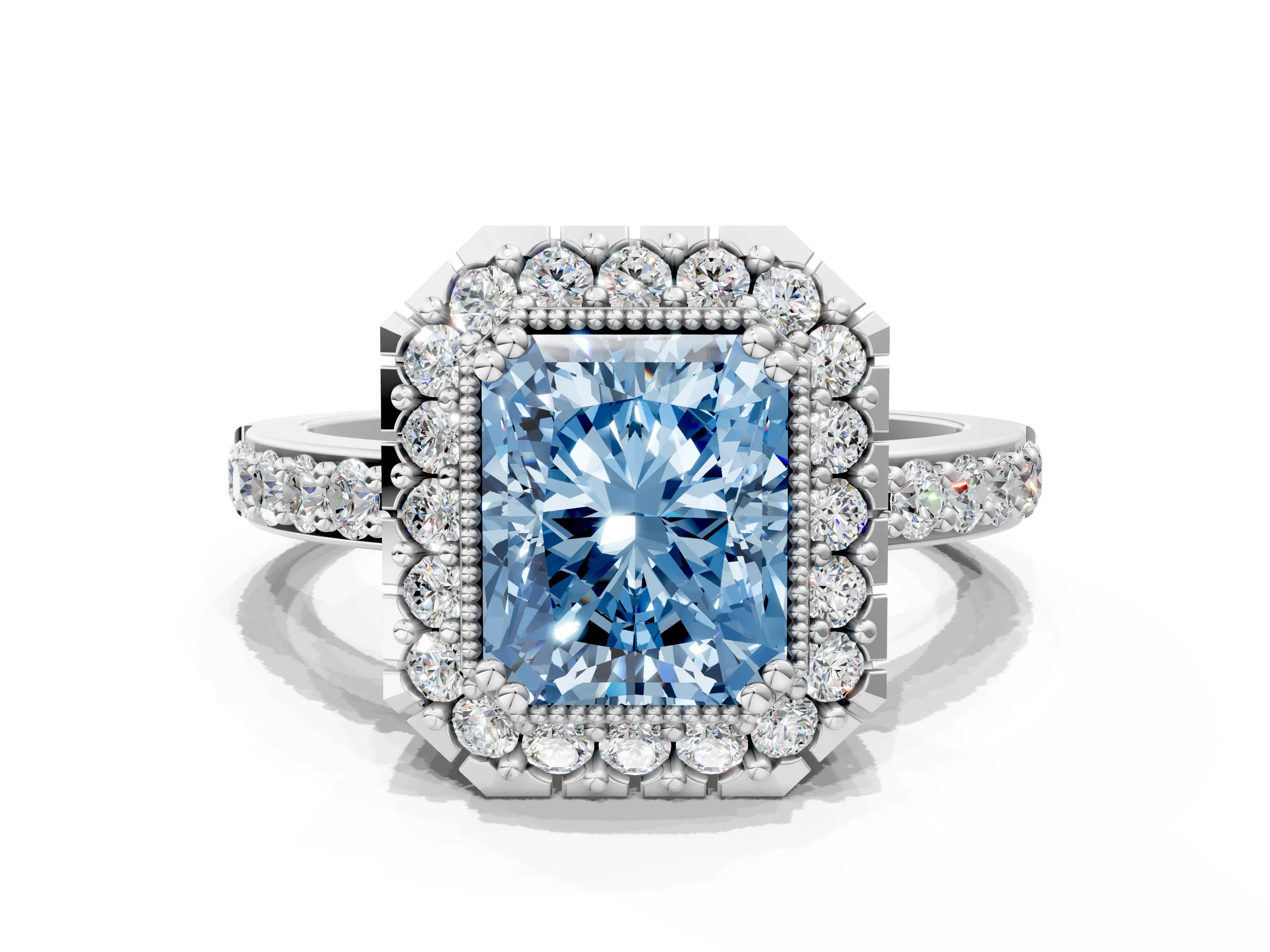 White gold Fancy Blue Radiant Cut Diamond Halo Ring with Pavé Band and Prong Setting