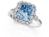 White gold Fancy Blue Radiant Cut Diamond Halo Ring with Pear Side Stones and Prong Setting_104