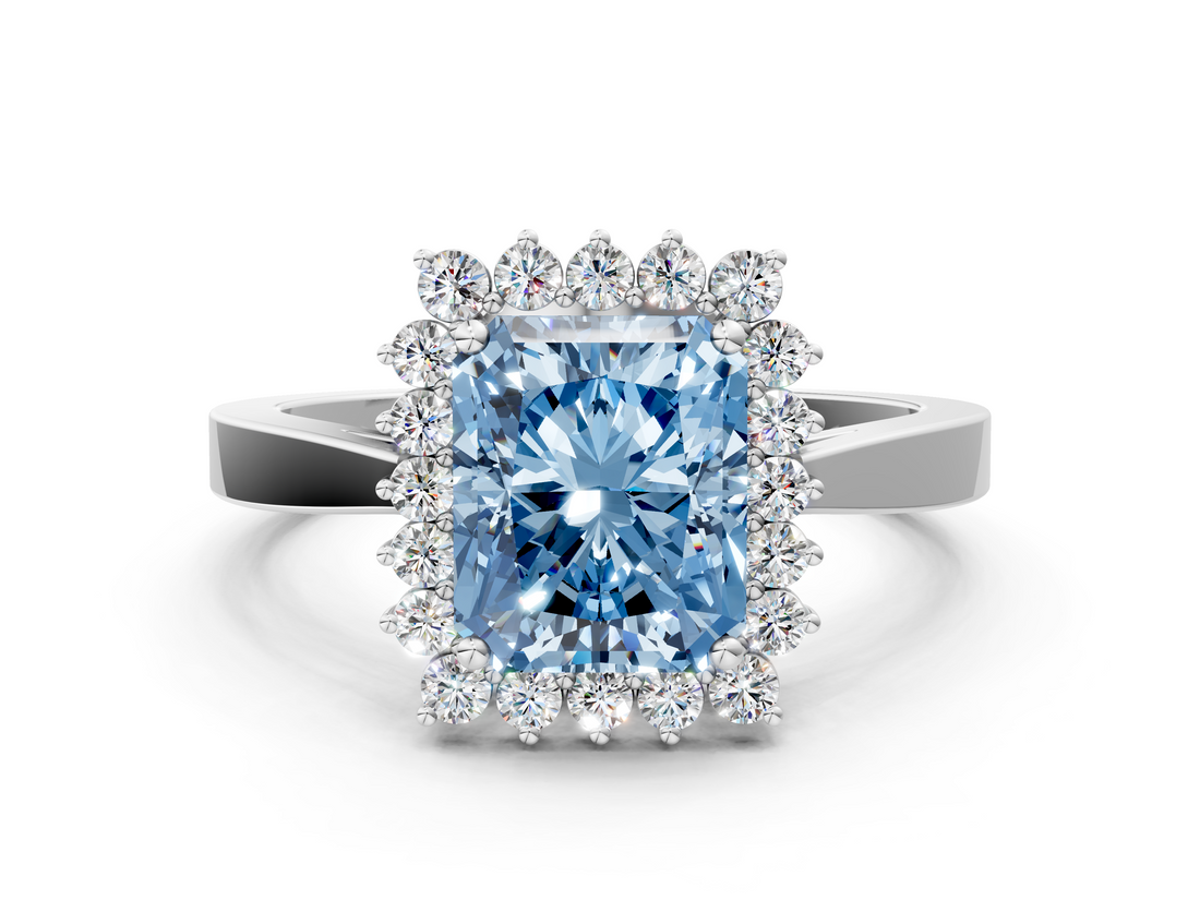 White gold Fancy Blue Radiant  Cut Diamond Halo Ring with Round Brilliant Halo and Solitaire Band_87