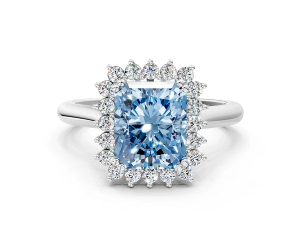 Platinum Fancy Blue Radiant  Cut Diamond Halo Ring with Solitaire Band and Prong Setting