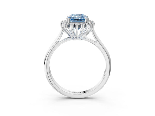 Platinum Fancy Blue Radiant  Cut Diamond Halo Ring with Solitaire Band and Prong Setting