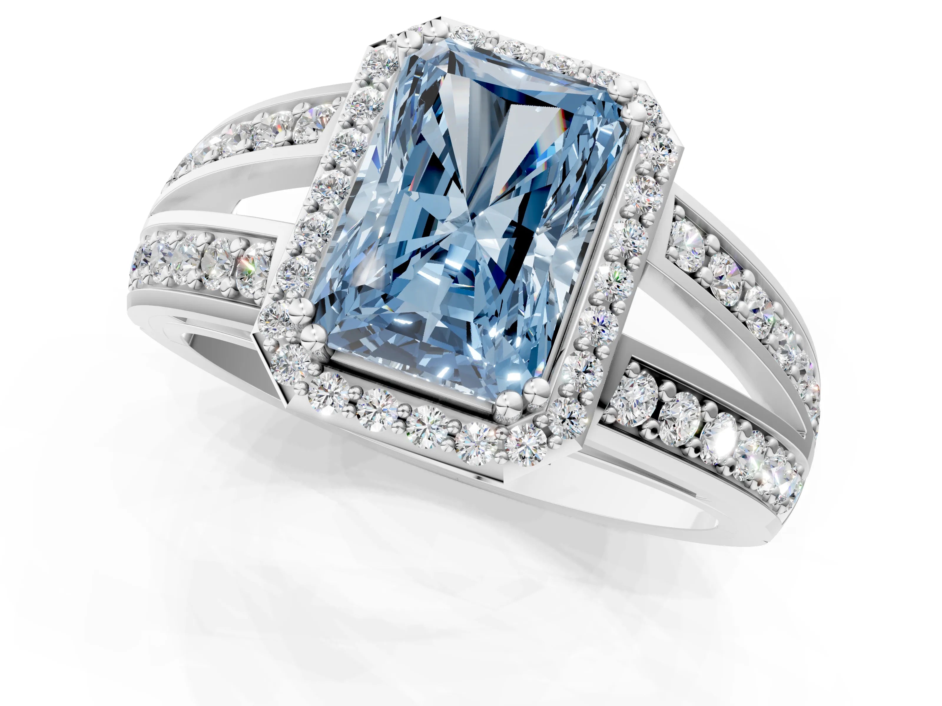 White gold Fancy Blue Radiant Cut Diamond Halo Ring with Split Shank Pavé Band and Four-Prong Setting_1