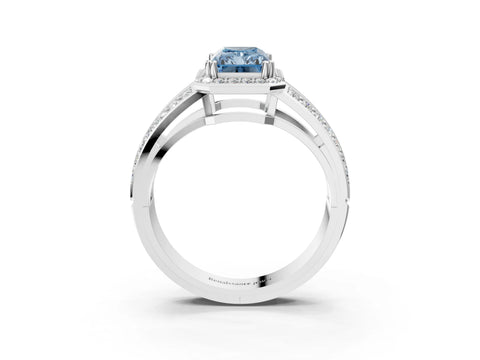White gold Fancy Blue Radiant Cut Diamond Halo Ring with Split Shank Pavé Band and Four-Prong Setting_15