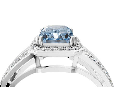 White gold Fancy Blue Radiant Cut Diamond Halo Ring with Split Shank Pavé Band and Four-Prong Setting_16