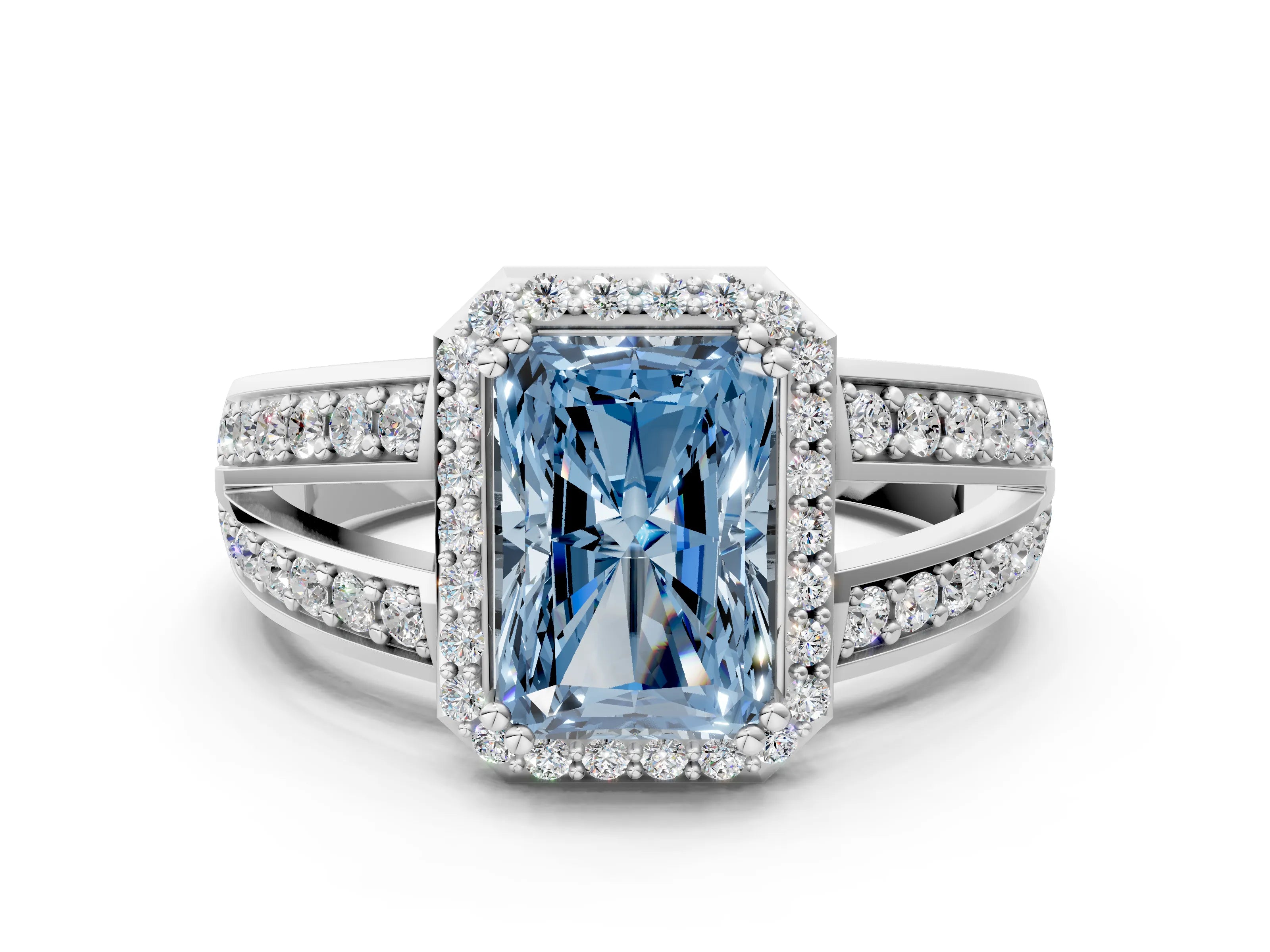 White gold Fancy Blue Radiant Cut Diamond Halo Ring with Split Shank Pavé Band and Four-Prong Setting_22