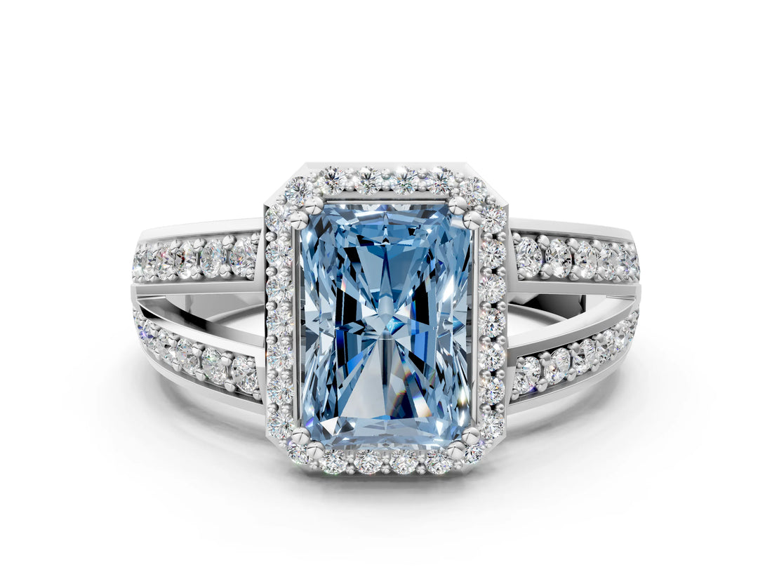 White gold Fancy Blue Radiant Cut Diamond Halo Ring with Split Shank Pavé Band and Four-Prong Setting_22