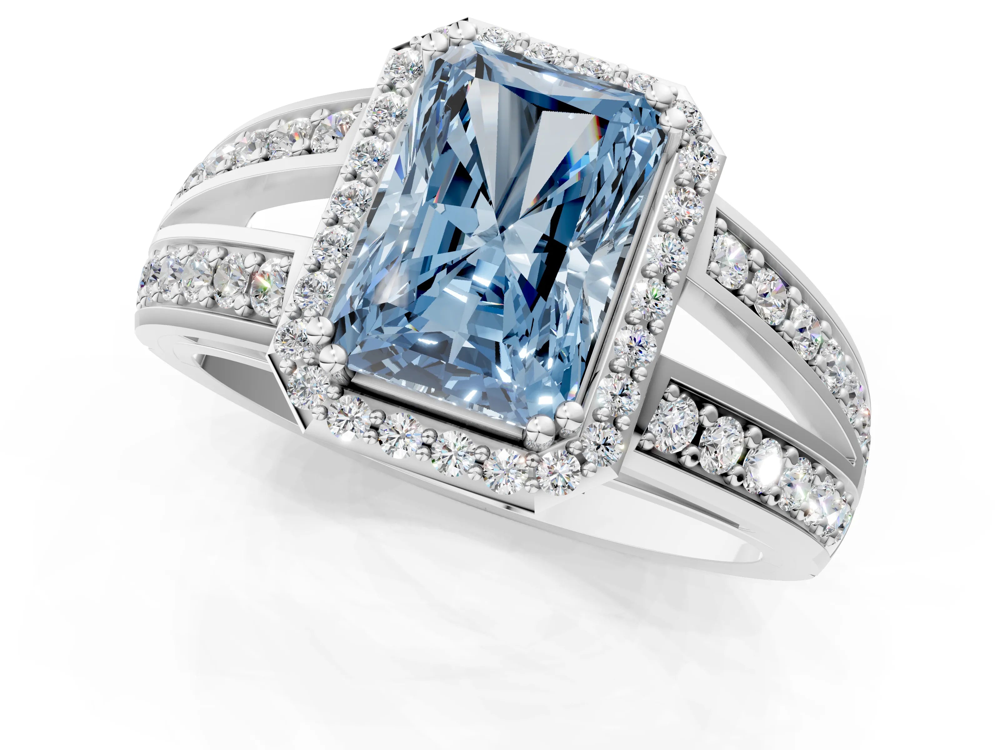 White gold Fancy Blue Radiant Cut Diamond Halo Ring with Split Shank Pavé Band and Four-Prong Setting_23