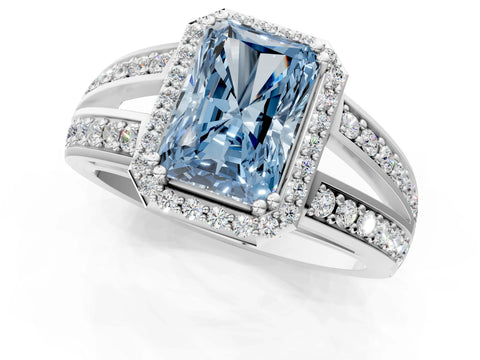 White gold Fancy Blue Radiant Cut Diamond Halo Ring with Split Shank Pavé Band and Four-Prong Setting_23