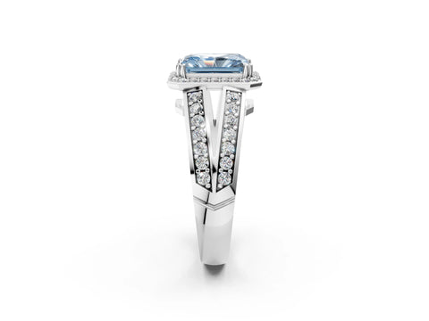 White gold Fancy Blue Radiant Cut Diamond Halo Ring with Split Shank Pavé Band and Four-Prong Setting_24