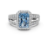 White gold Fancy Blue Radiant Cut Diamond Halo Ring with Split Shank Pavé Band and Four-Prong Setting_24