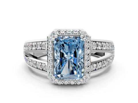 White gold Fancy Blue Radiant Cut Diamond Halo Ring with Split Shank Pavé Band and Four-Prong Setting_24