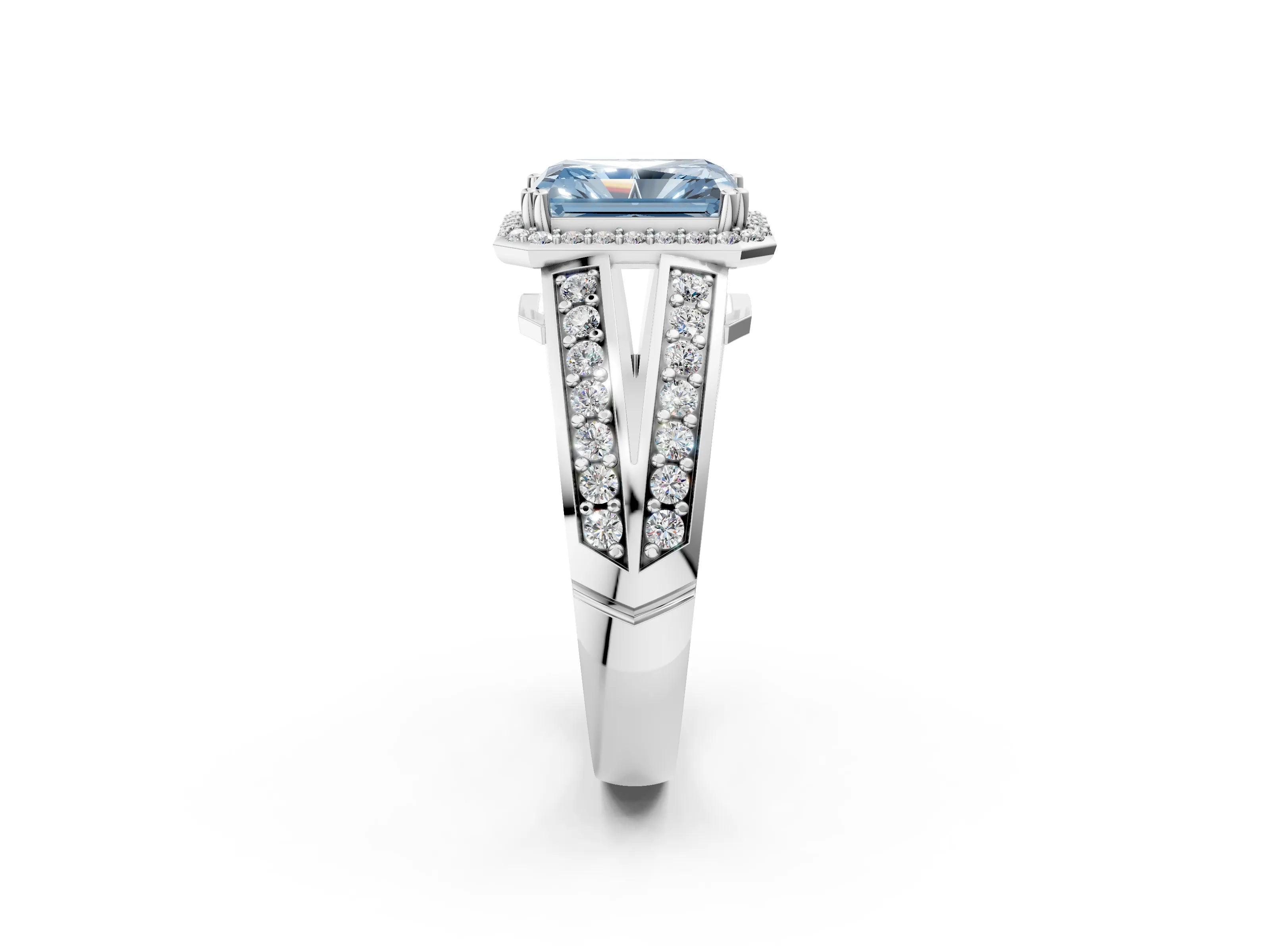 White gold Fancy Blue Radiant Cut Diamond Halo Ring with Split Shank Pavé Band and Four-Prong Setting_26