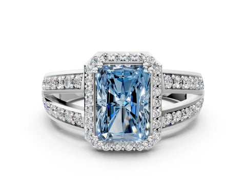 White gold Fancy Blue Radiant Cut Diamond Halo Ring with Split Shank Pavé Band and Four-Prong Setting_28