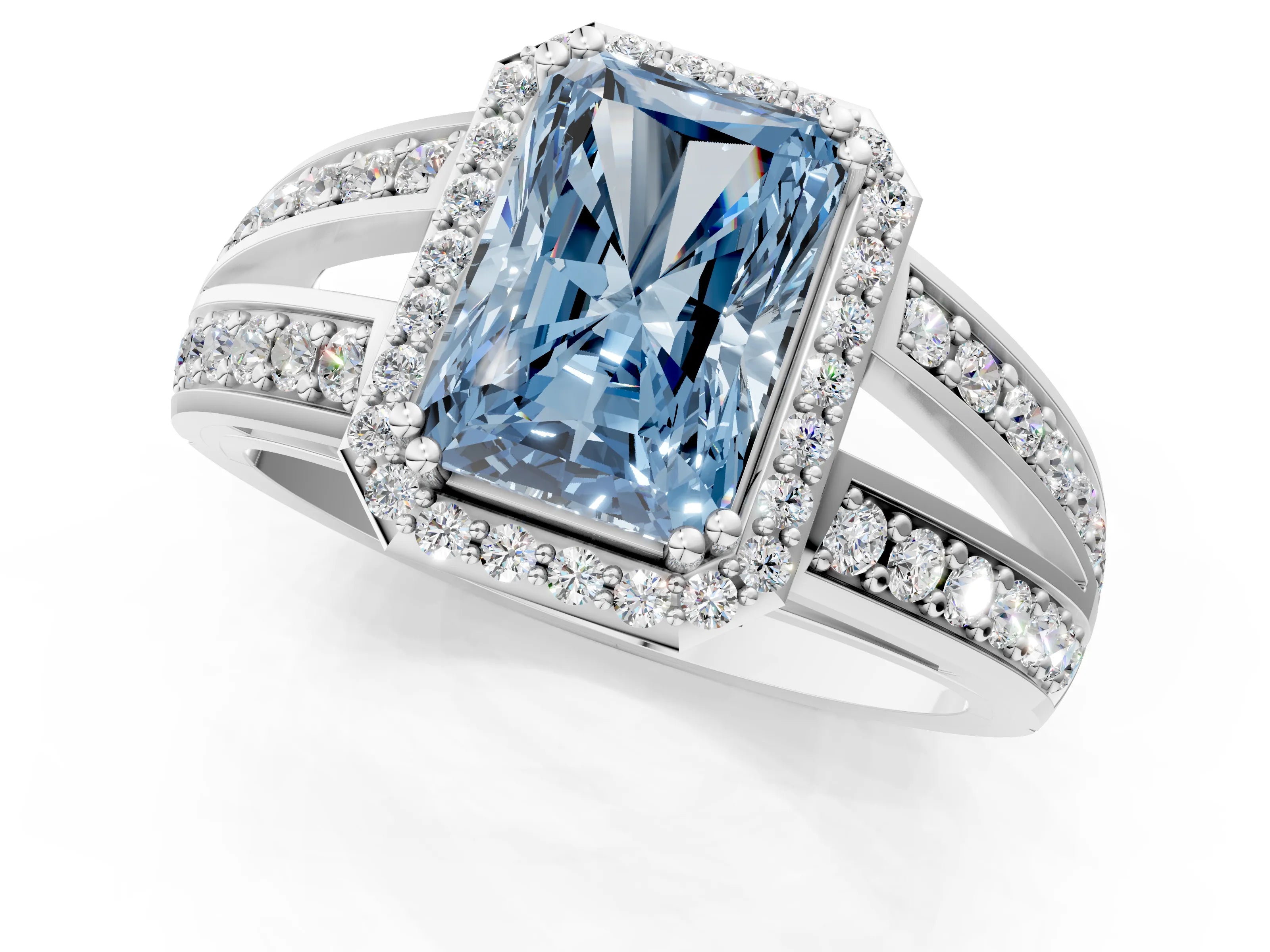 White gold Fancy Blue Radiant Cut Diamond Halo Ring with Split Shank Pavé Band and Four-Prong Setting_29