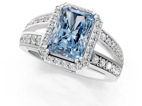 White gold Fancy Blue Radiant Cut Diamond Halo Ring with Split Shank Pavé Band and Four-Prong Setting_29