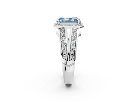 White gold Fancy Blue Radiant Cut Diamond Halo Ring with Split Shank Pavé Band and Four-Prong Setting_2