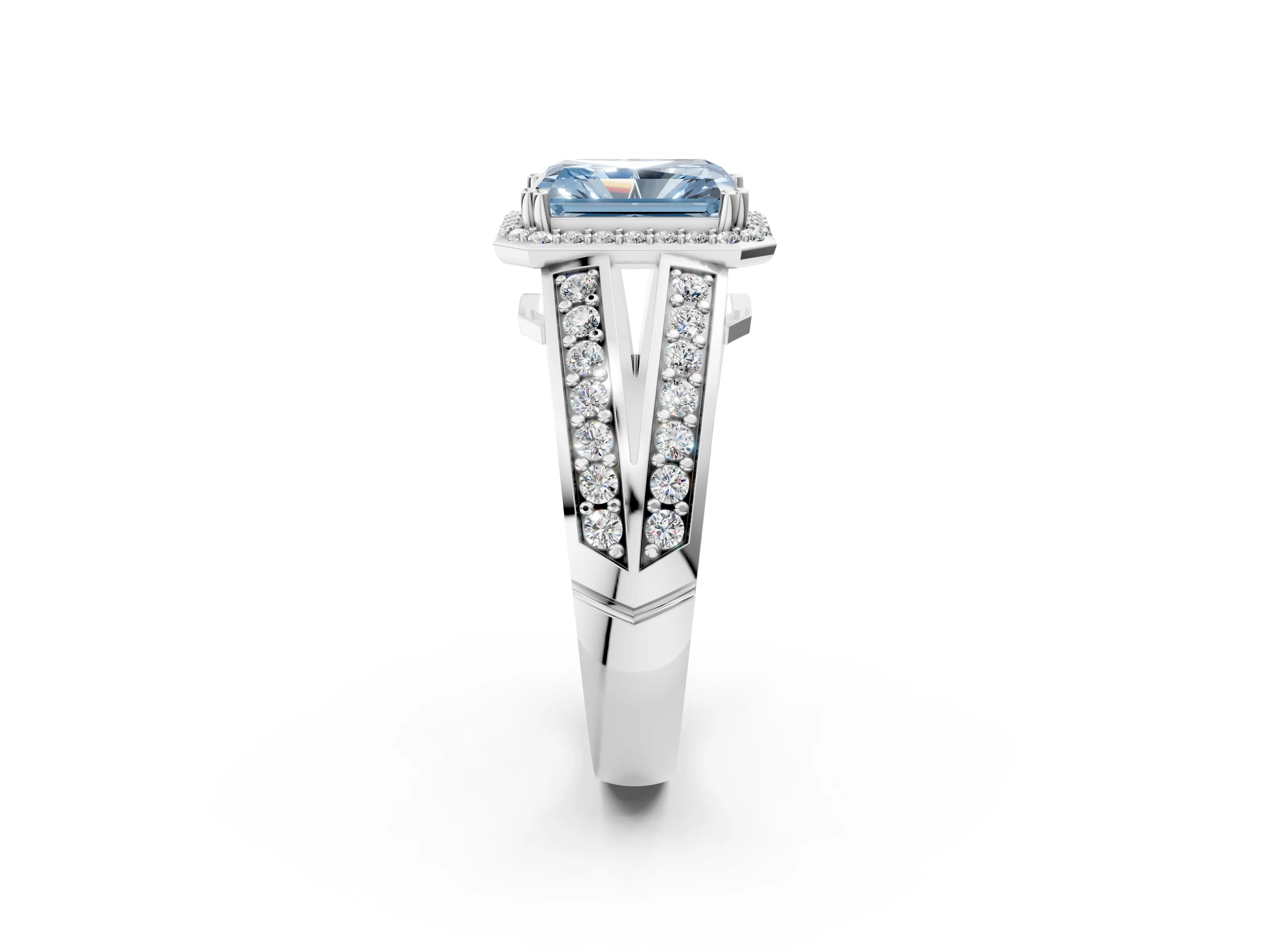 White gold Fancy Blue Radiant Cut Diamond Halo Ring with Split Shank Pavé Band and Four-Prong Setting_30