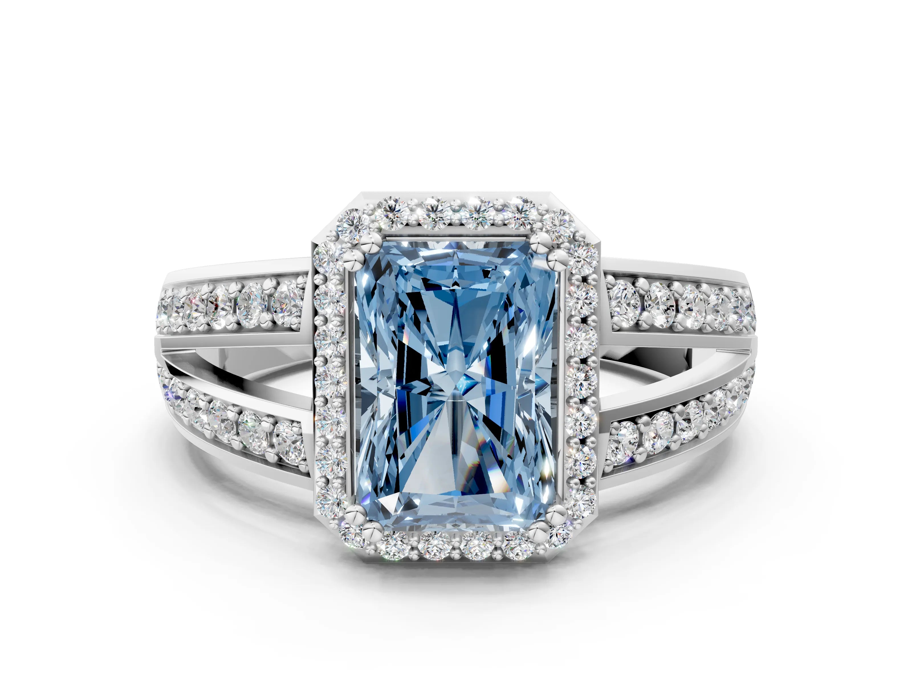 White gold Fancy Blue Radiant Cut Diamond Halo Ring with Split Shank Pavé Band and Four-Prong Setting