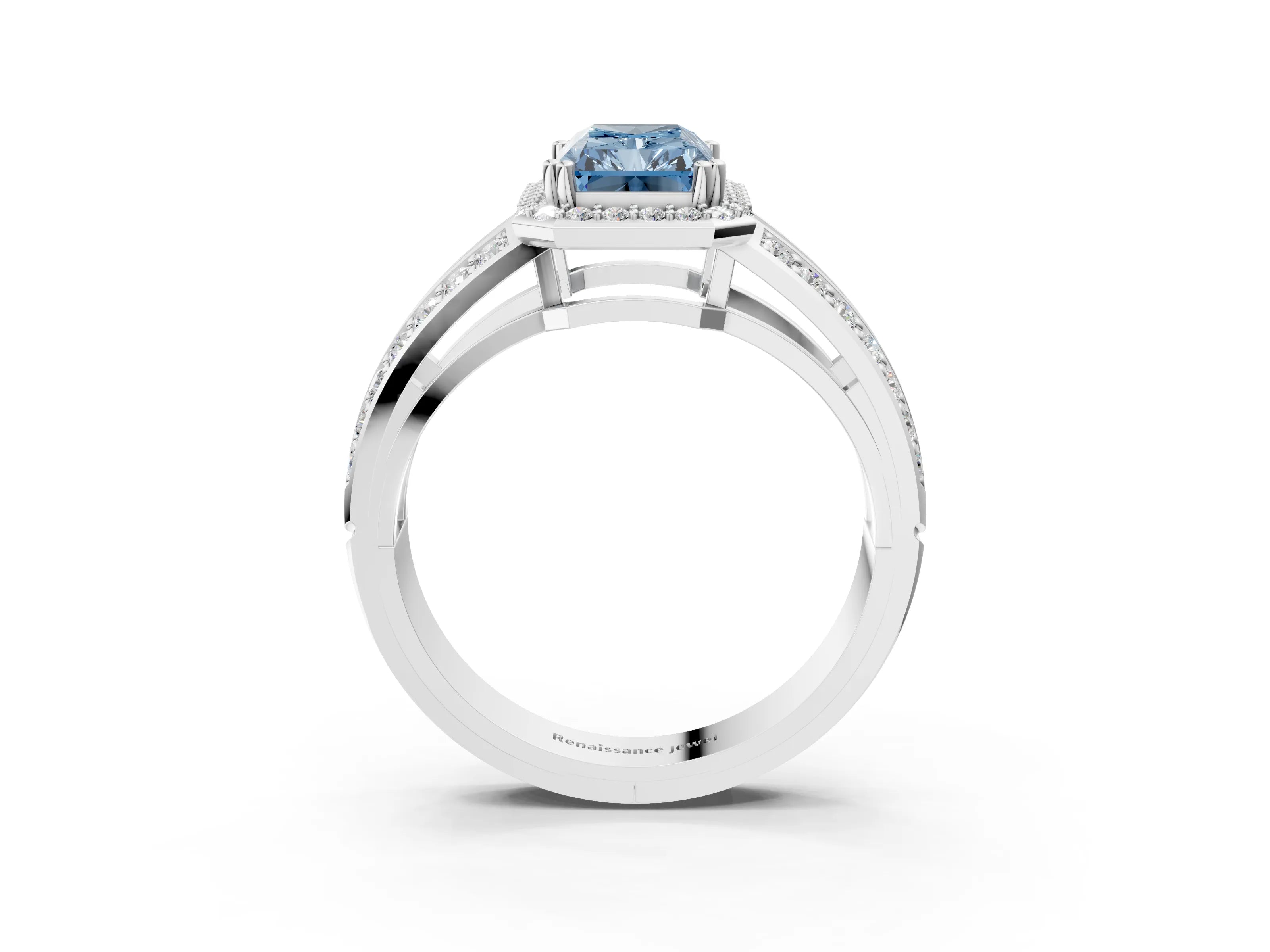 White gold Fancy Blue Radiant Cut Diamond Halo Ring with Split Shank Pavé Band and Four-Prong Setting_31