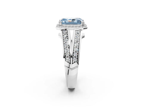 White gold Fancy Blue Radiant Cut Diamond Halo Ring with Split Shank Pavé Band and Four-Prong Setting_32