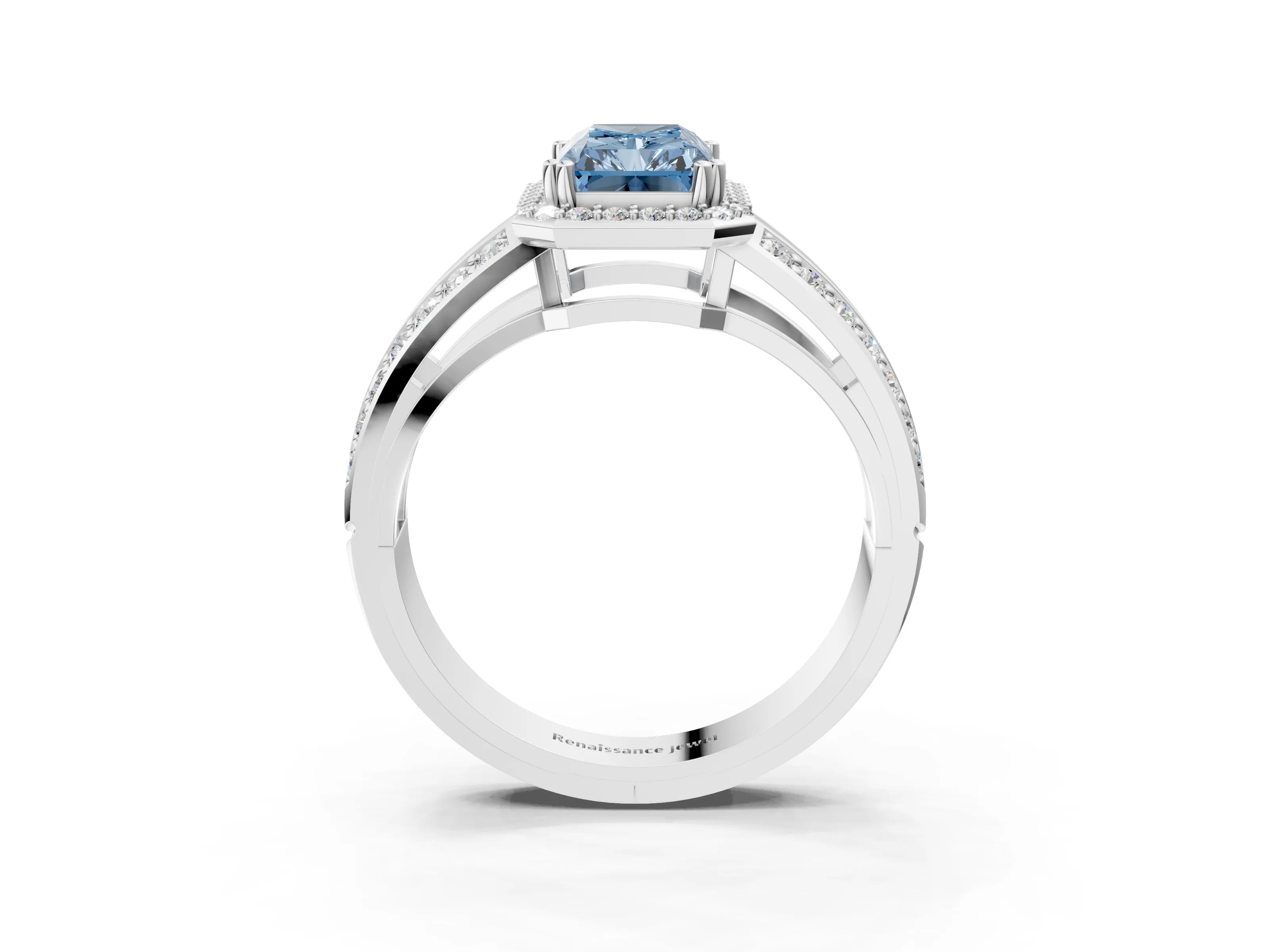 White gold Fancy Blue Radiant Cut Diamond Halo Ring with Split Shank Pavé Band and Four-Prong Setting_3