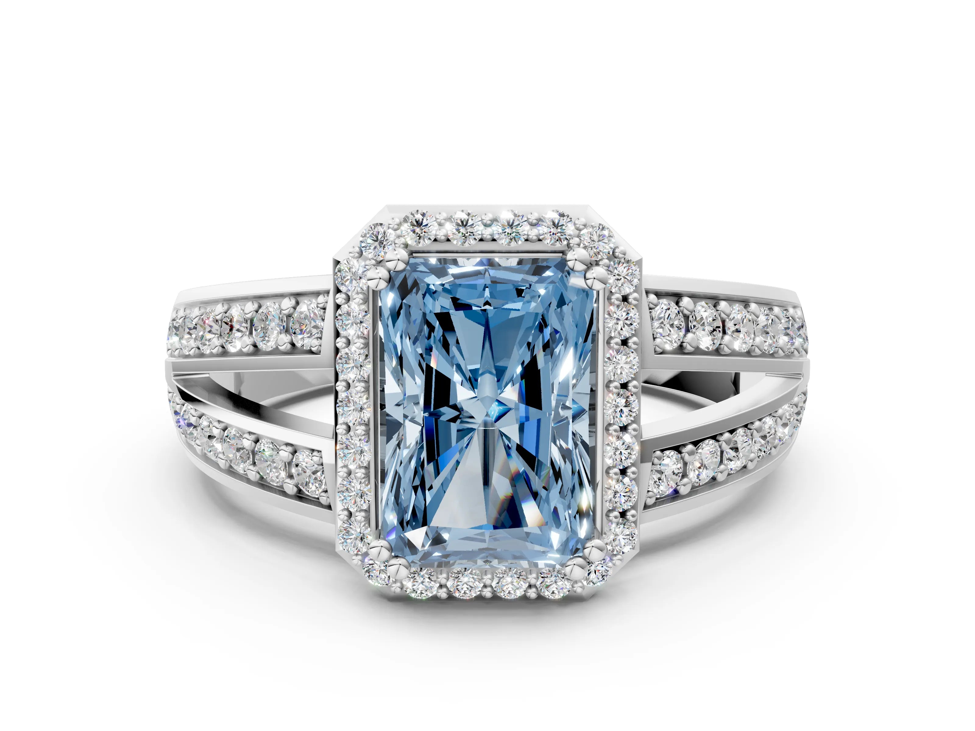 White gold Fancy Blue Radiant Cut Diamond Halo Ring with Split Shank Pavé Band and Four-Prong Setting_40