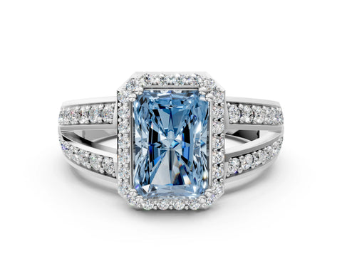 White gold Fancy Blue Radiant Cut Diamond Halo Ring with Split Shank Pavé Band and Four-Prong Setting_40