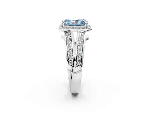 White gold Fancy Blue Radiant Cut Diamond Halo Ring with Split Shank Pavé Band and Four-Prong Setting_42