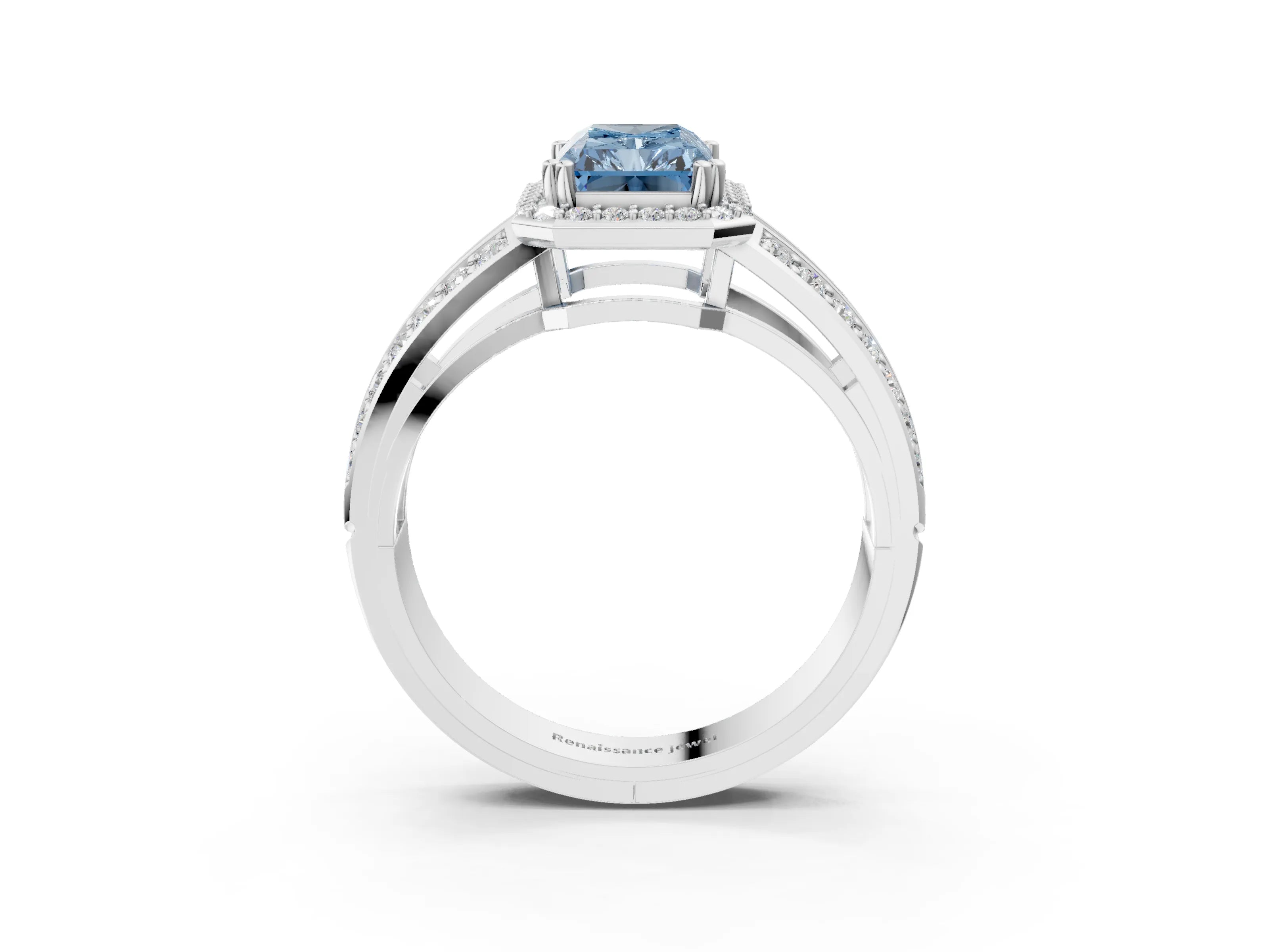 White gold Fancy Blue Radiant Cut Diamond Halo Ring with Split Shank Pavé Band and Four-Prong Setting_43