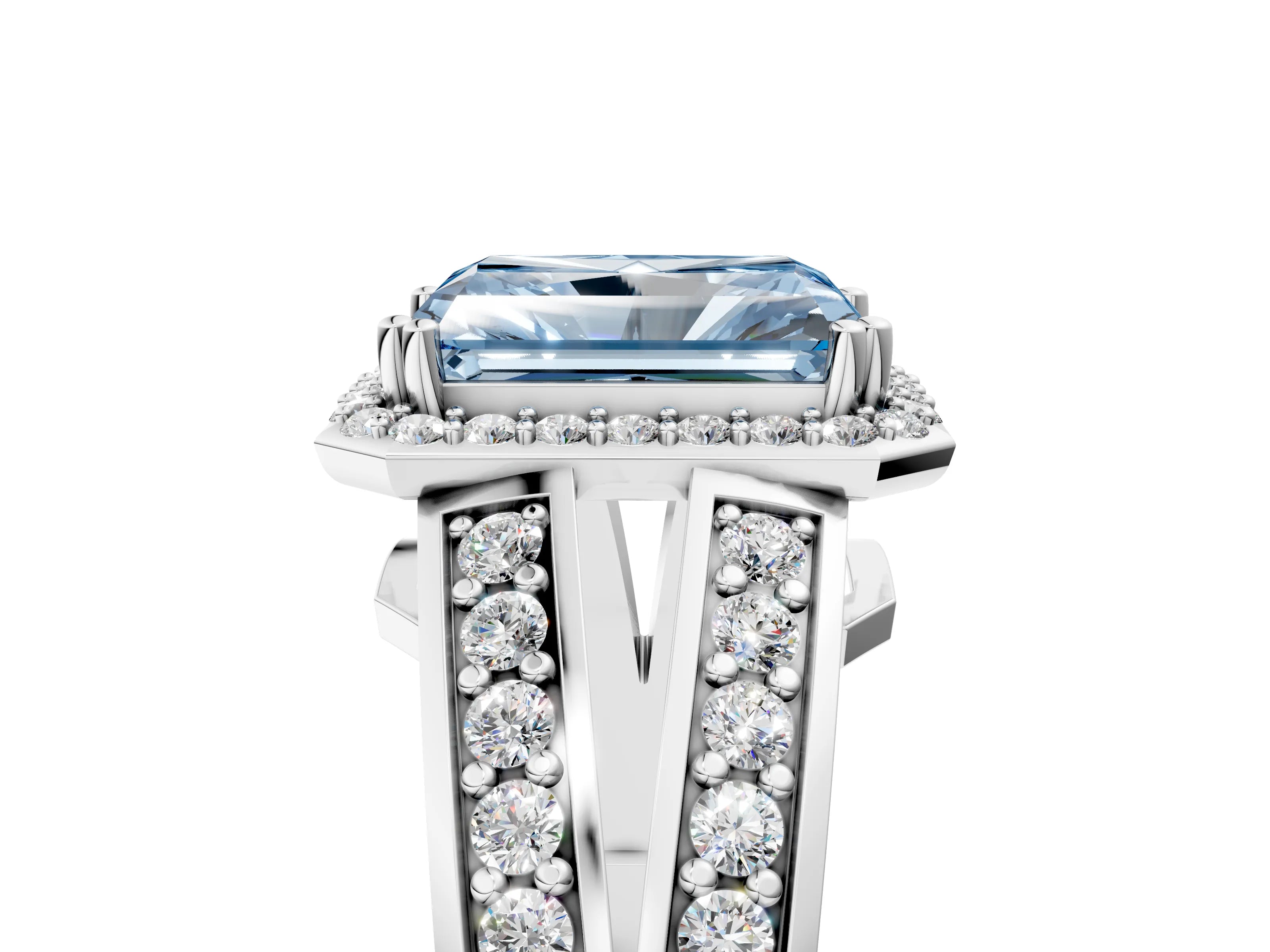 White gold Fancy Blue Radiant Cut Diamond Halo Ring with Split Shank Pavé Band and Four-Prong Setting_48