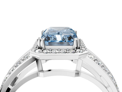 White gold Fancy Blue Radiant Cut Diamond Halo Ring with Split Shank Pavé Band and Four-Prong Setting_4