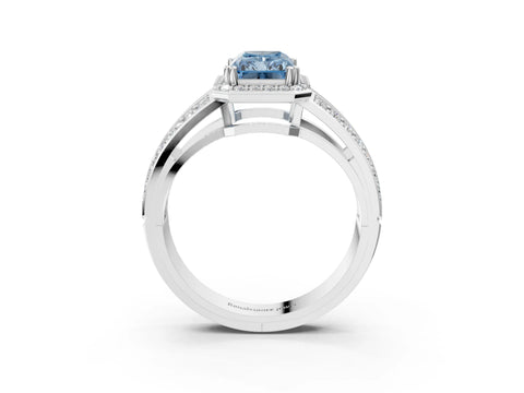 White gold Fancy Blue Radiant Cut Diamond Halo Ring with Split Shank Pavé Band and Four-Prong Setting_51