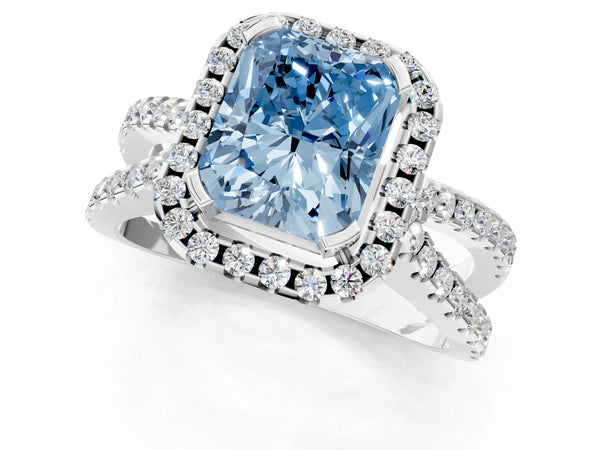 Platinum Fancy Blue Radiant Cut Diamond Halo Ring with Split Shank Pavé Band and Prong Setting