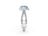 White gold Fancy Blue Radiant Cut Diamond Halo Ring with Split Shank Pavé Band and Prong Setting_81