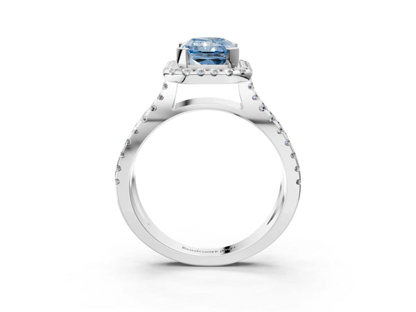Platinum Fancy Blue Radiant Cut Diamond Halo Ring with Split Shank Pavé Band and Prong Setting