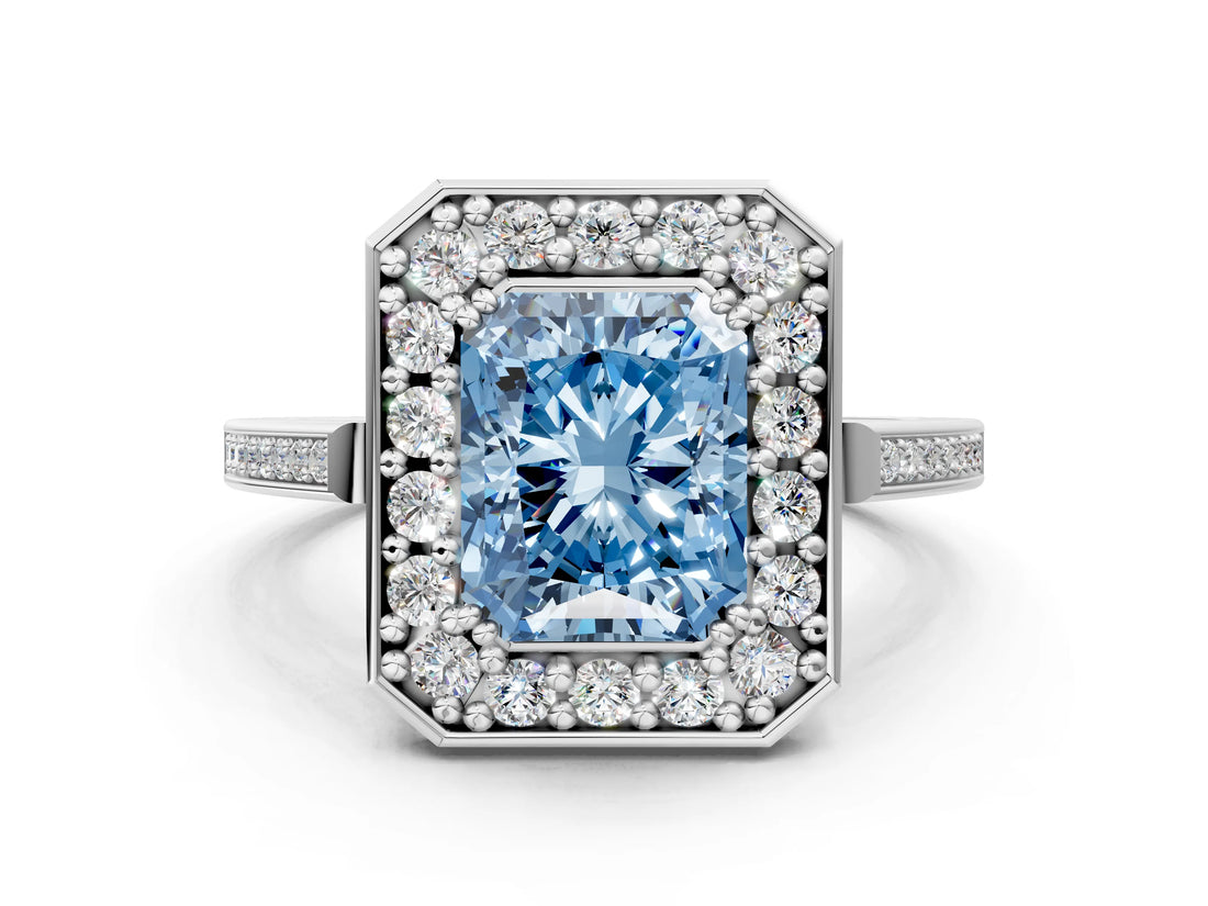 White gold Fancy Blue Radiant Cut Diamond Halo Ring with Split Shank and Four-Prong Setting_74