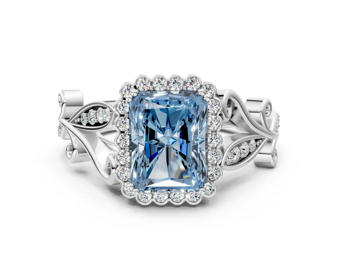 White gold Fancy Blue Radiant Cut Diamond Halo Ring with Vintage Split Shank and Four-Prong Setting_93