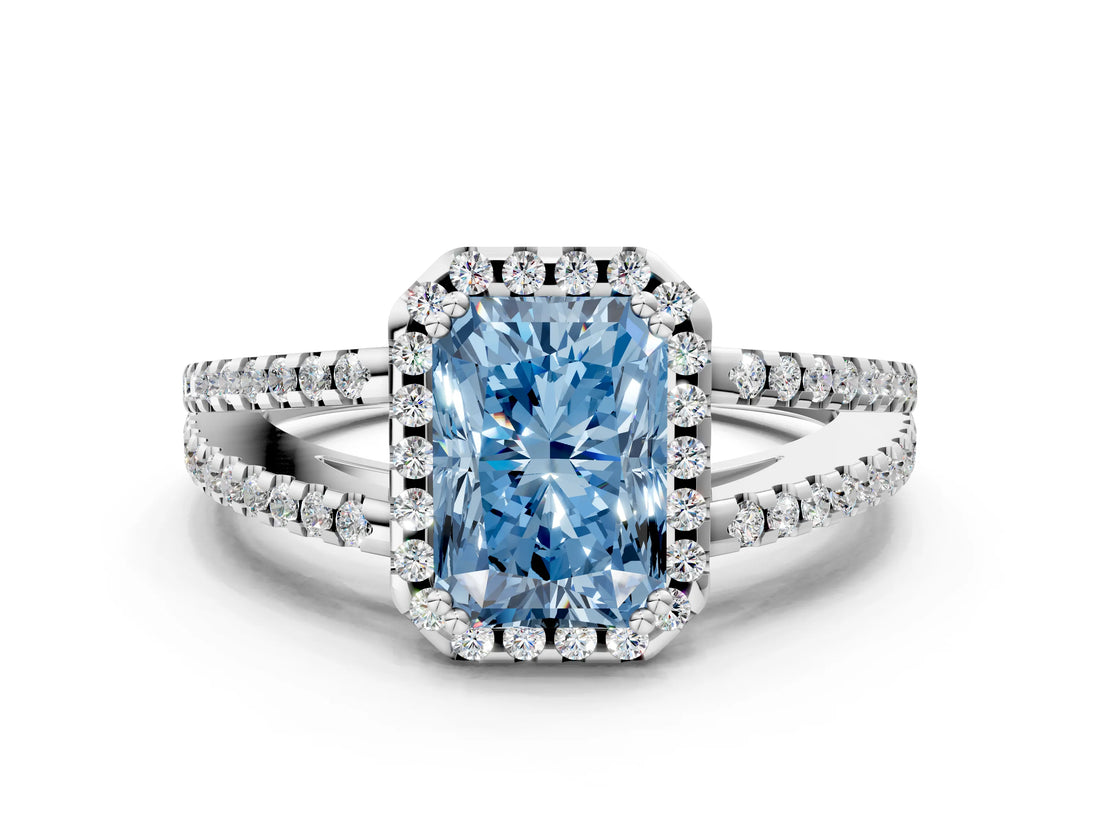 White gold Fancy Blue Radiant Cut Diamond Halo Split Shank Engagement Ring_51