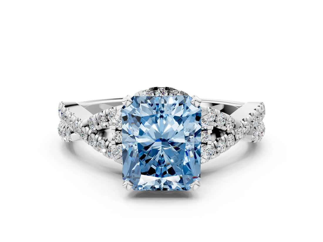 White gold Fancy Blue Radiant Cut Diamond  Halo Twist Band Solitaire Prong Setting Ring_12
