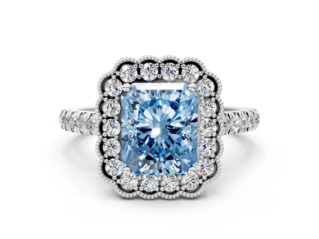 White gold Fancy Blue Radiant  Cut Diamond Milgrain Floral Halo Engagement Ring with Pavé Band_15