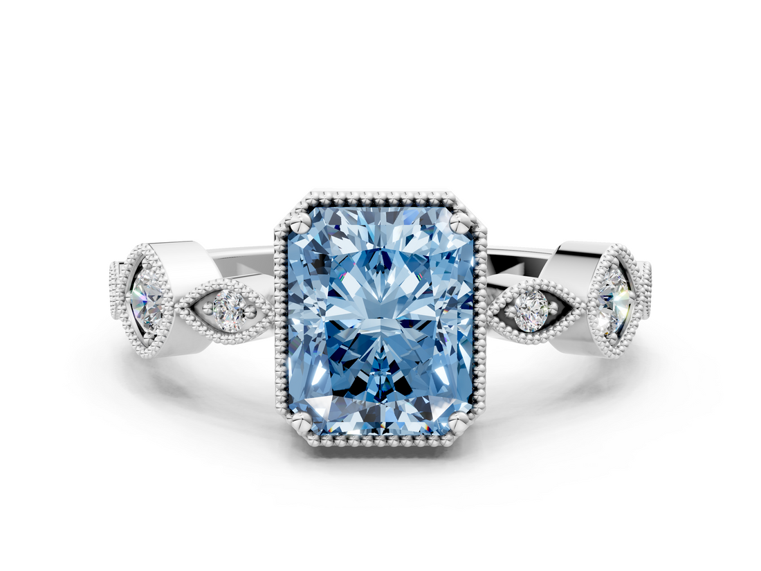White gold Fancy Blue Radiant  Cut Diamond Milgrain Marquise Band with Prong Setting_3
