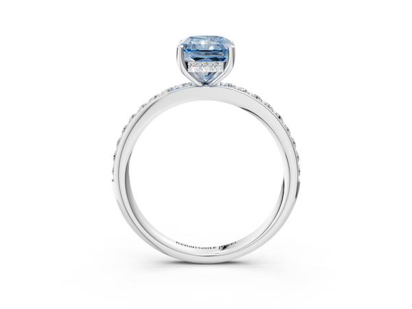 Platinum Fancy Blue Radiant  Cut Diamond Pavé Band Ring with Four-Prong Setting