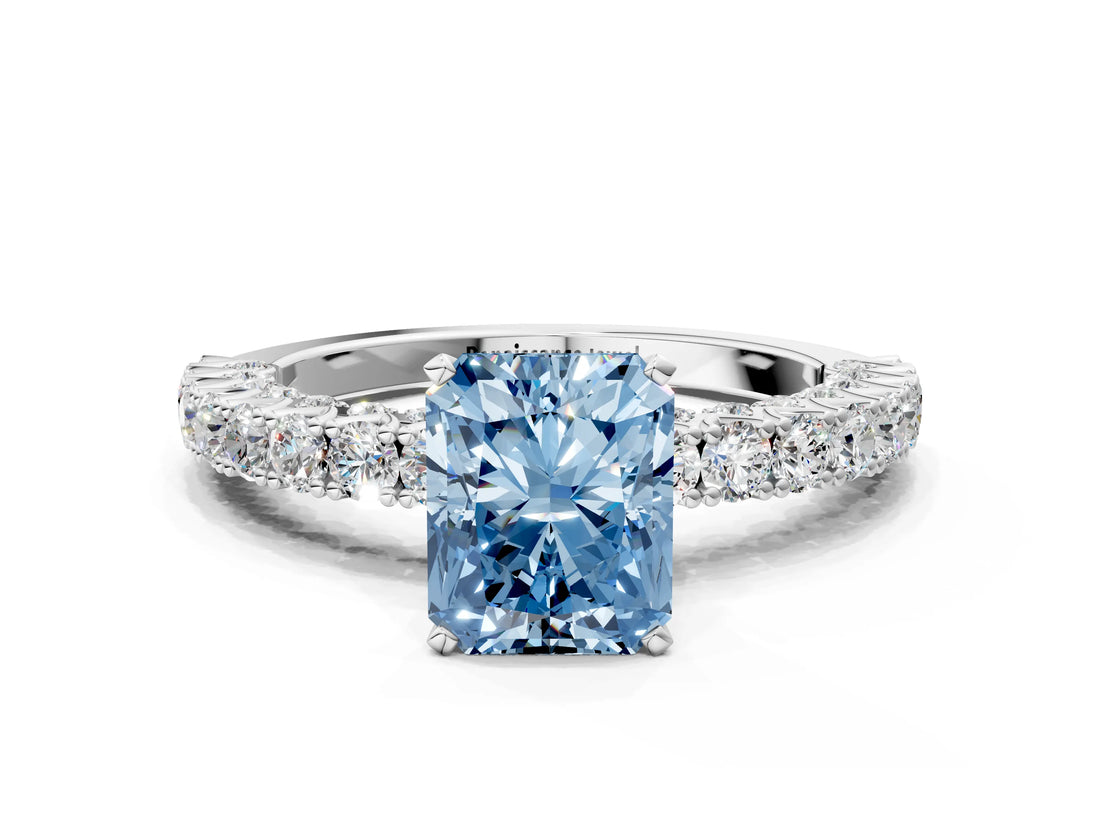 White gold Fancy Blue Radiant Cut Diamond Pavé Band Solitaire Ring with Prong Setting_45