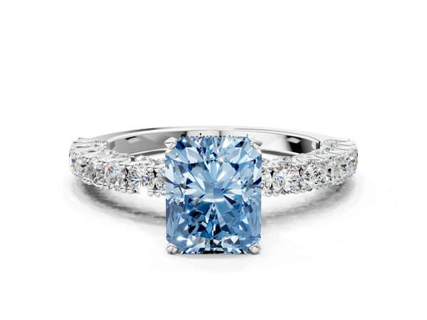 White gold Fancy Blue Radiant Cut Diamond Pavé Band Solitaire Ring with Prong Setting